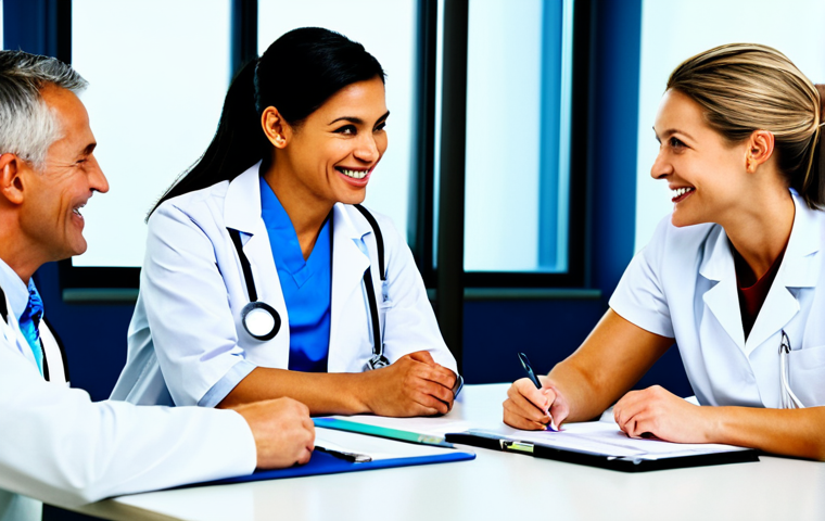 ** "A diverse team of healthcare professionals (doctors, nurses, administrators) collaborating around a table in a modern hospital setting. Smiling, engaged in discussion. Bright, positive atmosphere. Focus on teamwork and communication. Safe for work, appropriate content, fully clothed, professional."
**