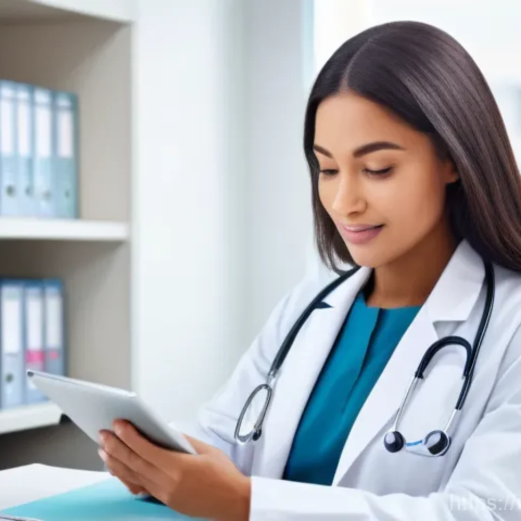 의료 소프트웨어 활용법 - A brightly lit, modern doctor's office. A friendly female doctor in a crisp white lab coat sits at a...