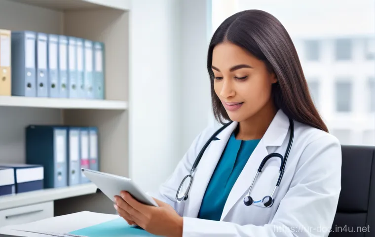 의료 소프트웨어 활용법 - A brightly lit, modern doctor's office. A friendly female doctor in a crisp white lab coat sits at a...