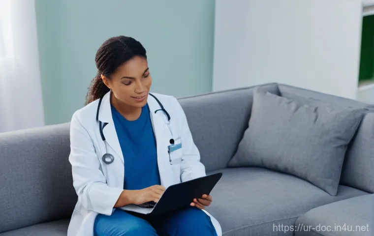 의료 소프트웨어 활용법 - A brightly lit, modern doctor's office. A friendly female doctor in a crisp white lab coat sits at a... 의료 소프트웨어 활용법 - A brightly lit, modern doctor's office. A friendly female doctor in a crisp white lab coat sits at a...