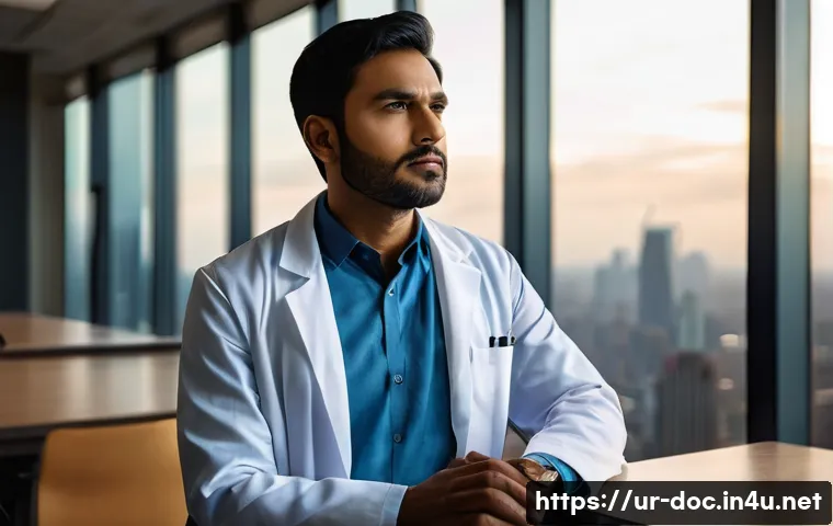 의사 이직 사례 인터뷰 - **Prompt 1: The Contemplative Doctor's Crossroads**
"A portrait of a thoughtful South Asian male...